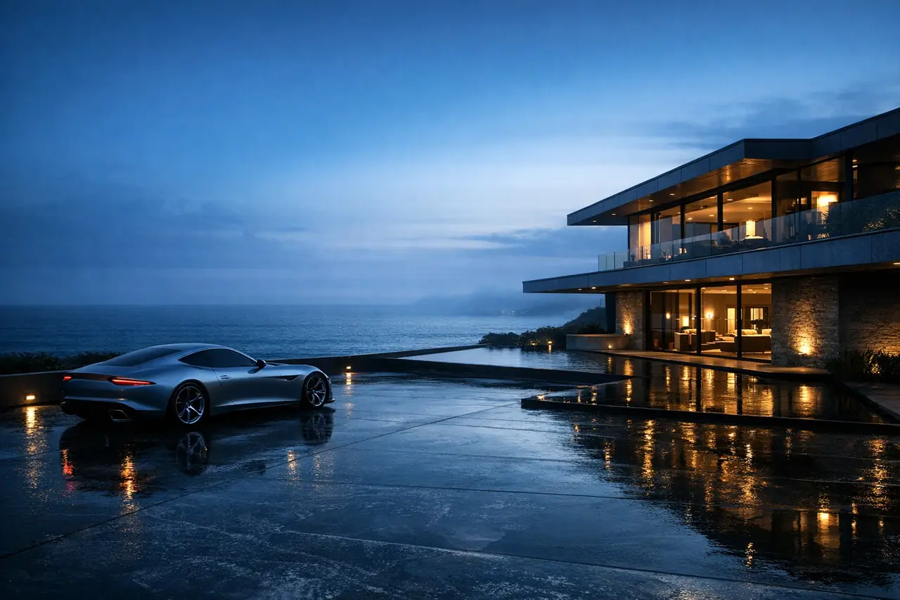 Residência contemporânea de alto padrão com vista para o oceano ao entardecer.