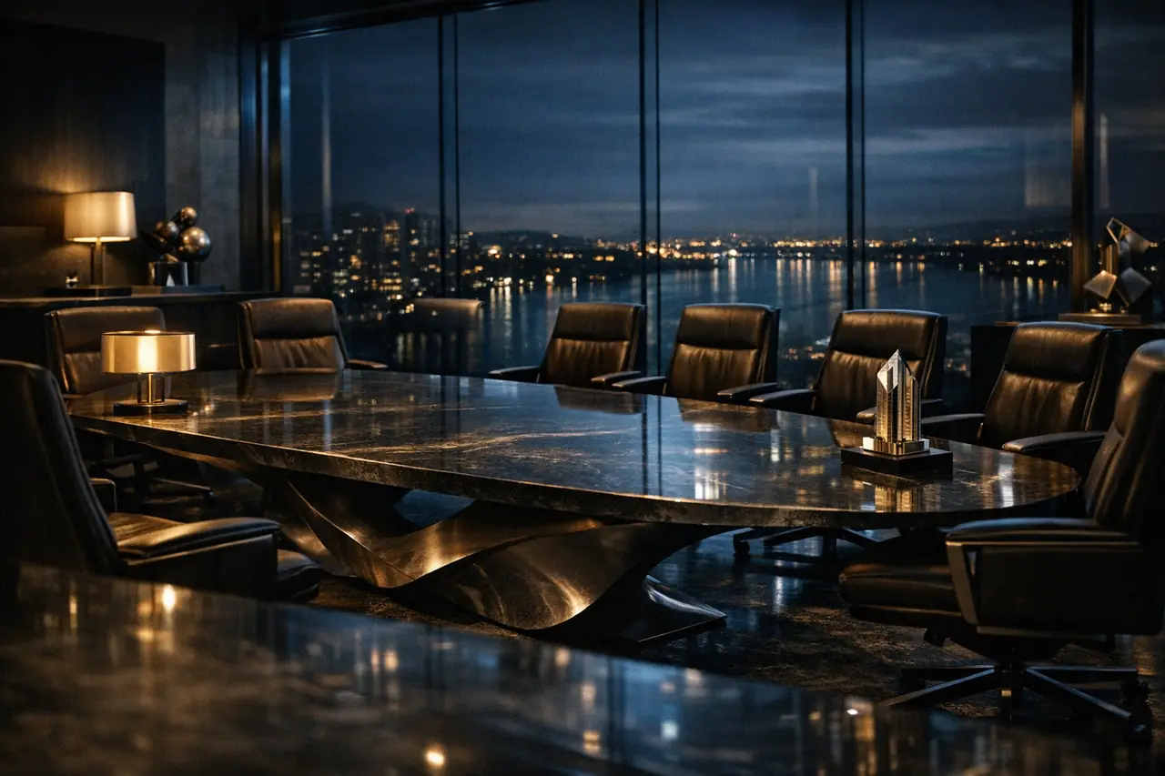Sala de estratégia de luxo com vista noturna para a cidade e atmosfera cinematográfica.